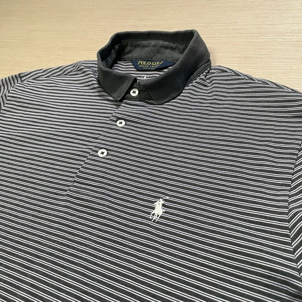 Polo Golf Ralph Lauren Men's M Short Sleeve Gray and Purple Striped Preppy Polo